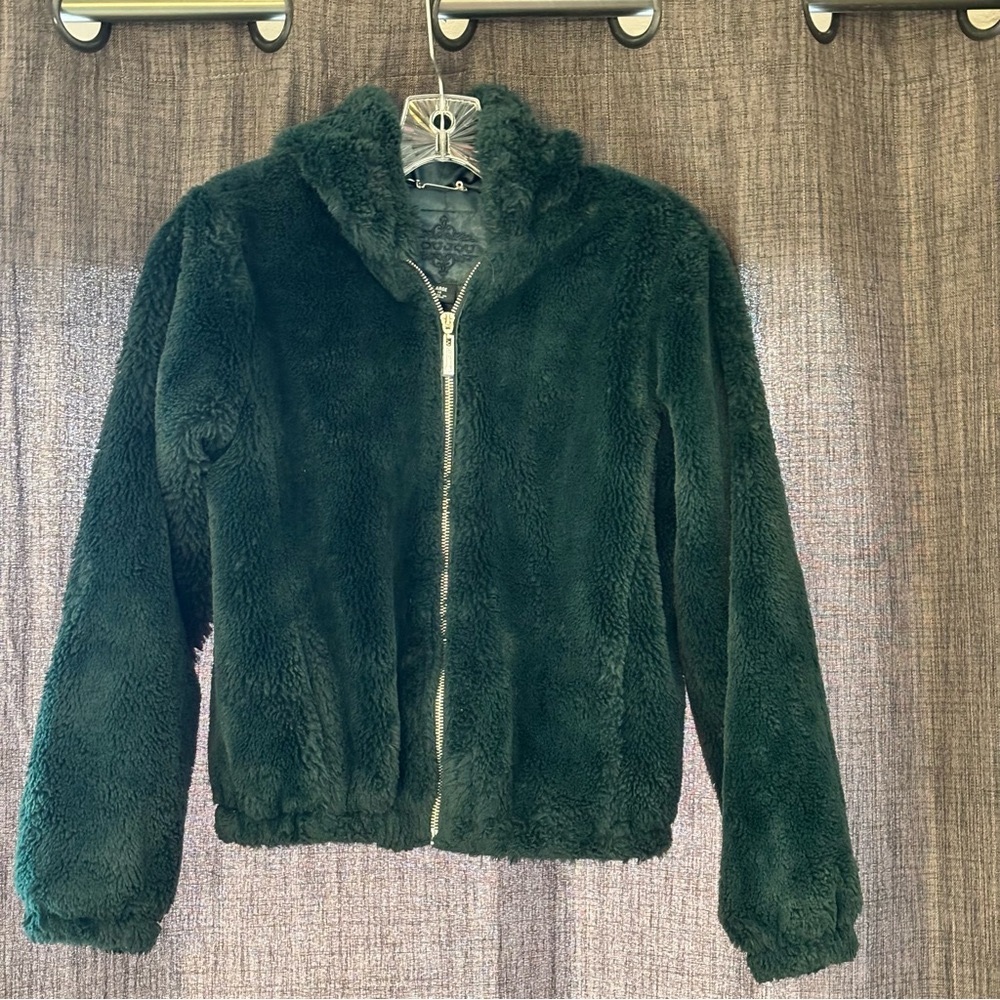 JOUJOU Women’s Junior Faux Fur Hooded Jacket Dark Green SZ L(14)